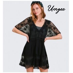 New Black Sheer Boho Floral Lace Tunic /Dress